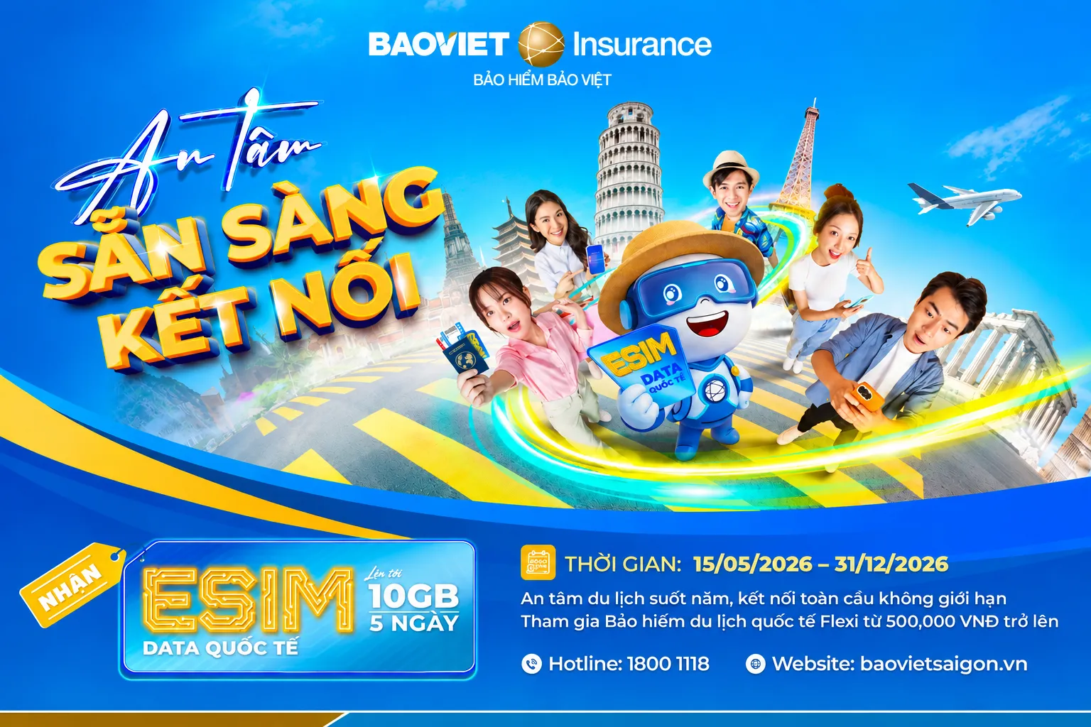ưu đãi bảo hiểm du lịch Bảo Việt, bảo hiểm du lịch quốc tế Flexi, tặng eSIM quốc tế, Bảo Việt Sài Gòn.