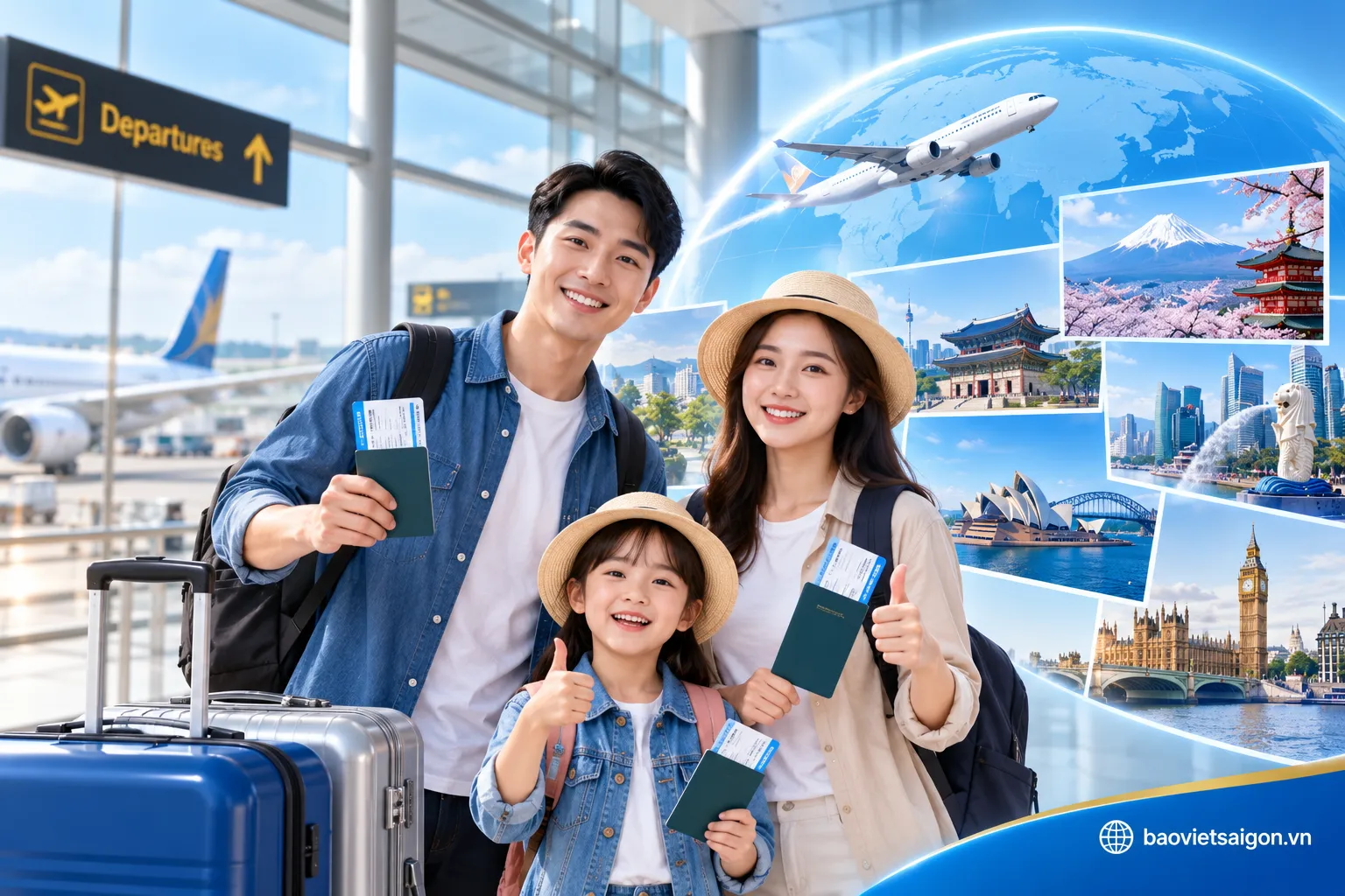 Gia đình chuẩn bị xuất cảnh tại sân bay với bảo hiểm du lịch quốc tế Flexi Bảo Việt, minh họa hành trình du lịch nước ngoài