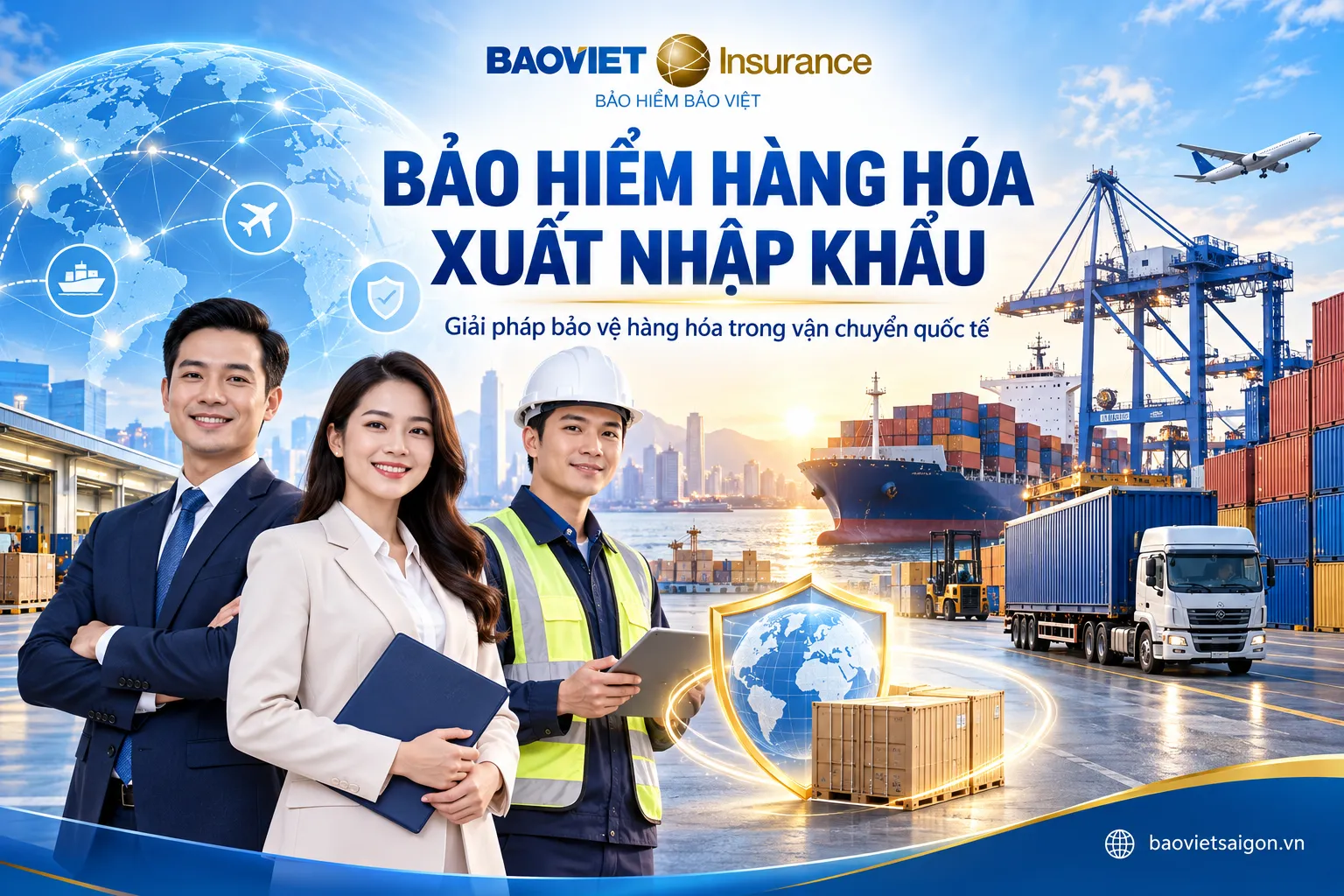 Bảo hiểm hàng hóa xuất nhập khẩu Bảo Việt cung cấp giải pháp bảo vệ tài chính trước những rủi ro được bảo hiểm trong quá trình vận chuyển hàng hóa quốc tế bằng đường biển, đường hàng không và các phương thức vận tải phù hợp.