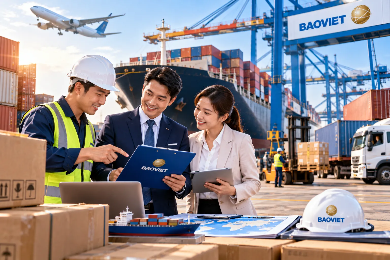 Nhân viên Bảo Việt tư vấn bảo hiểm hàng hóa xuất nhập khẩu cho doanh nghiệp tại cảng container quốc tế với tàu vận tải và hoạt động logistics