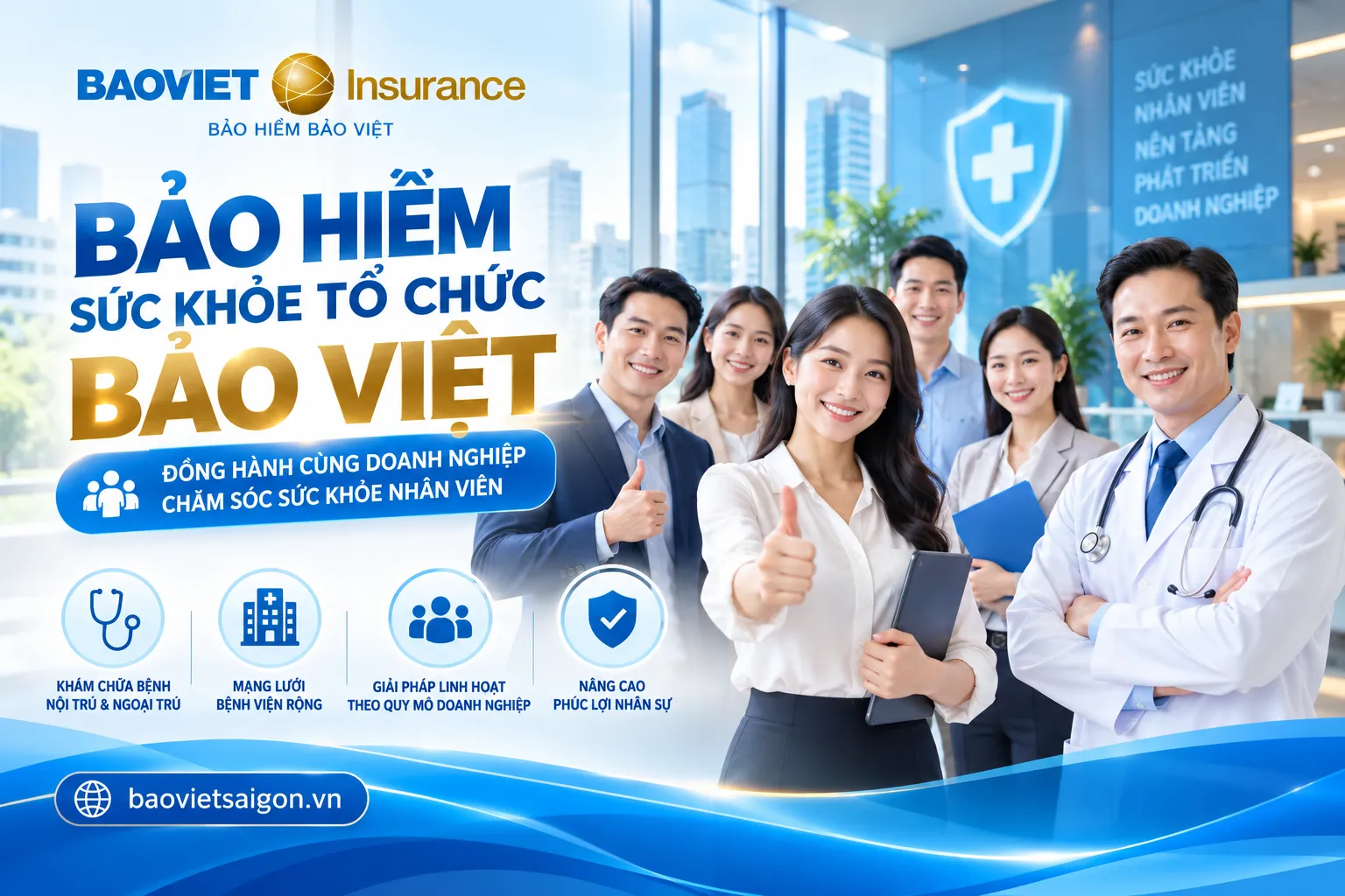 Bảo hiểm sức khỏe tổ chức Bảo Việt – Hình ảnh đội ngũ nhân viên doanh nghiệp và bác sĩ đại diện cho giải pháp chăm sóc sức khỏe tập thể