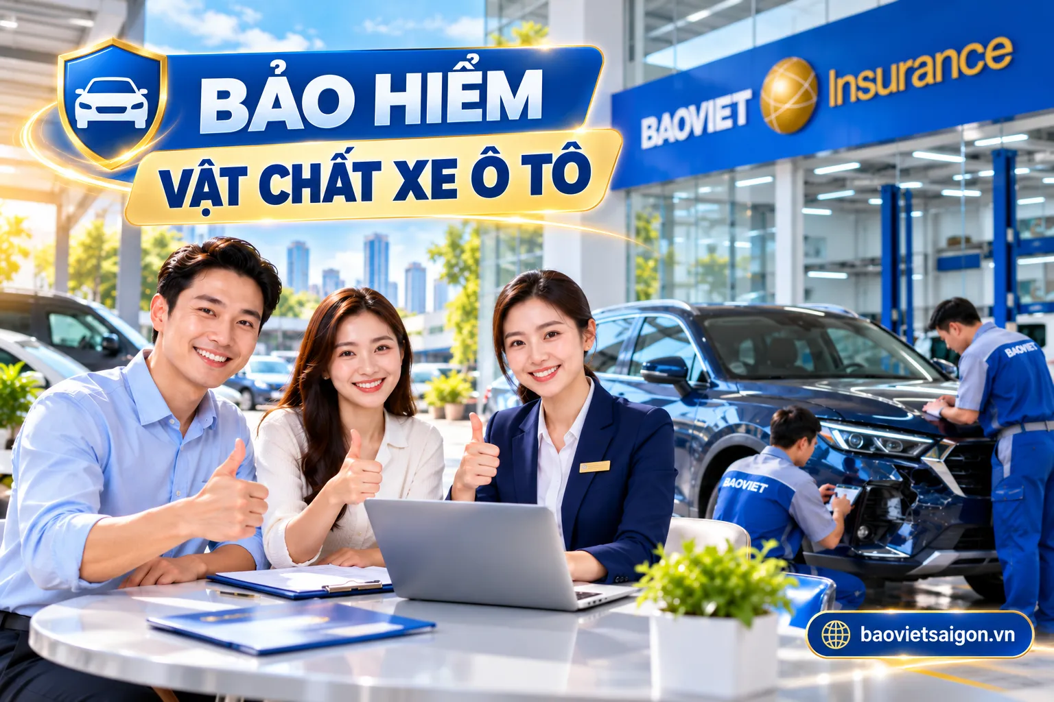 Bảo hiểm vật chất xe ô tô Bảo Việt – Chuyên viên tư vấn khách hàng tại garage, kỹ thuật viên kiểm tra và sửa chữa ô tô