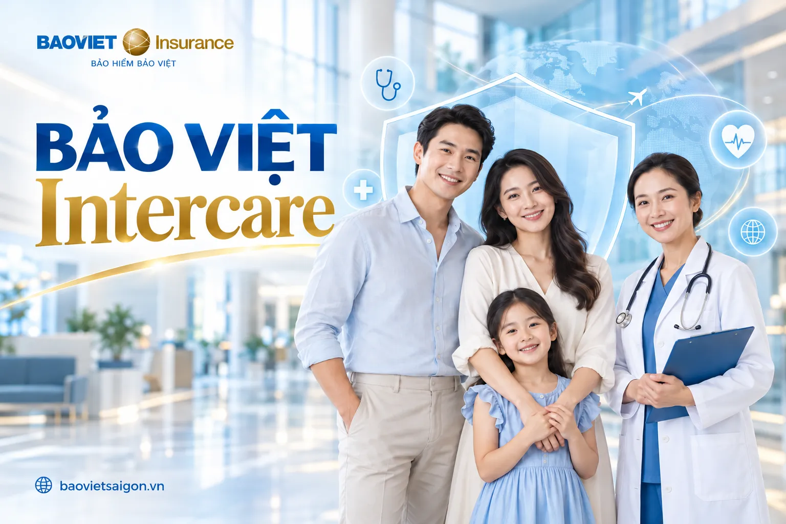 Bảo Việt Intercare – Bảo hiểm sức khỏe cao cấp với hình ảnh gia đình và bác sĩ tại bệnh viện hiện đại