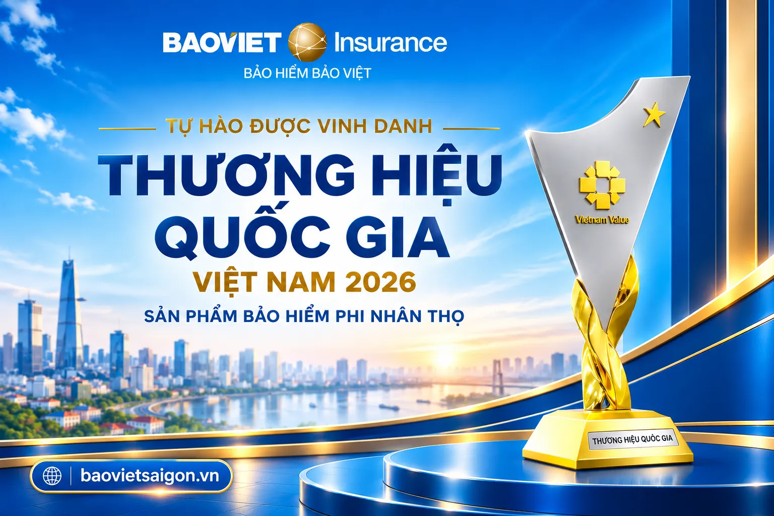 Banner Bảo Việt được vinh danh Thương hiệu Quốc gia Việt Nam 2026 trong lĩnh vực bảo hiểm phi nhân thọ, cùng biểu tượng cúp giải thưởng  Sao chép