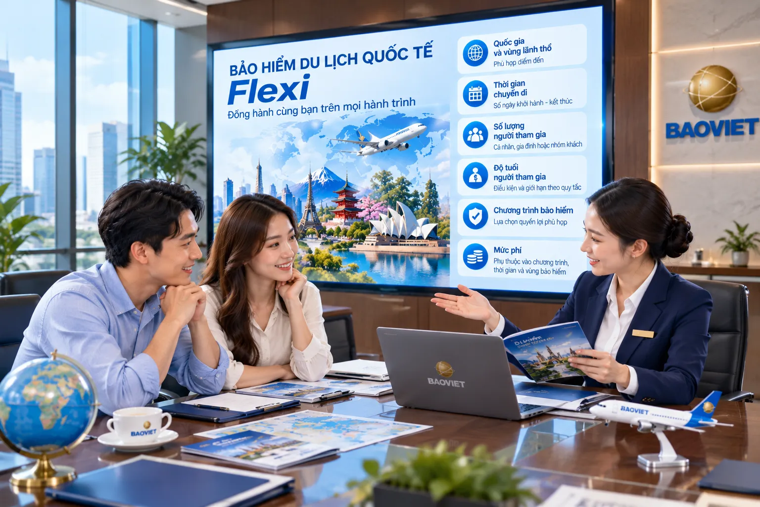 Tư vấn biểu phí bảo hiểm du lịch quốc tế Flexi Bảo Việt tại phòng họp, hướng dẫn chọn chương trình theo điểm đến, thời gian và độ tuổi