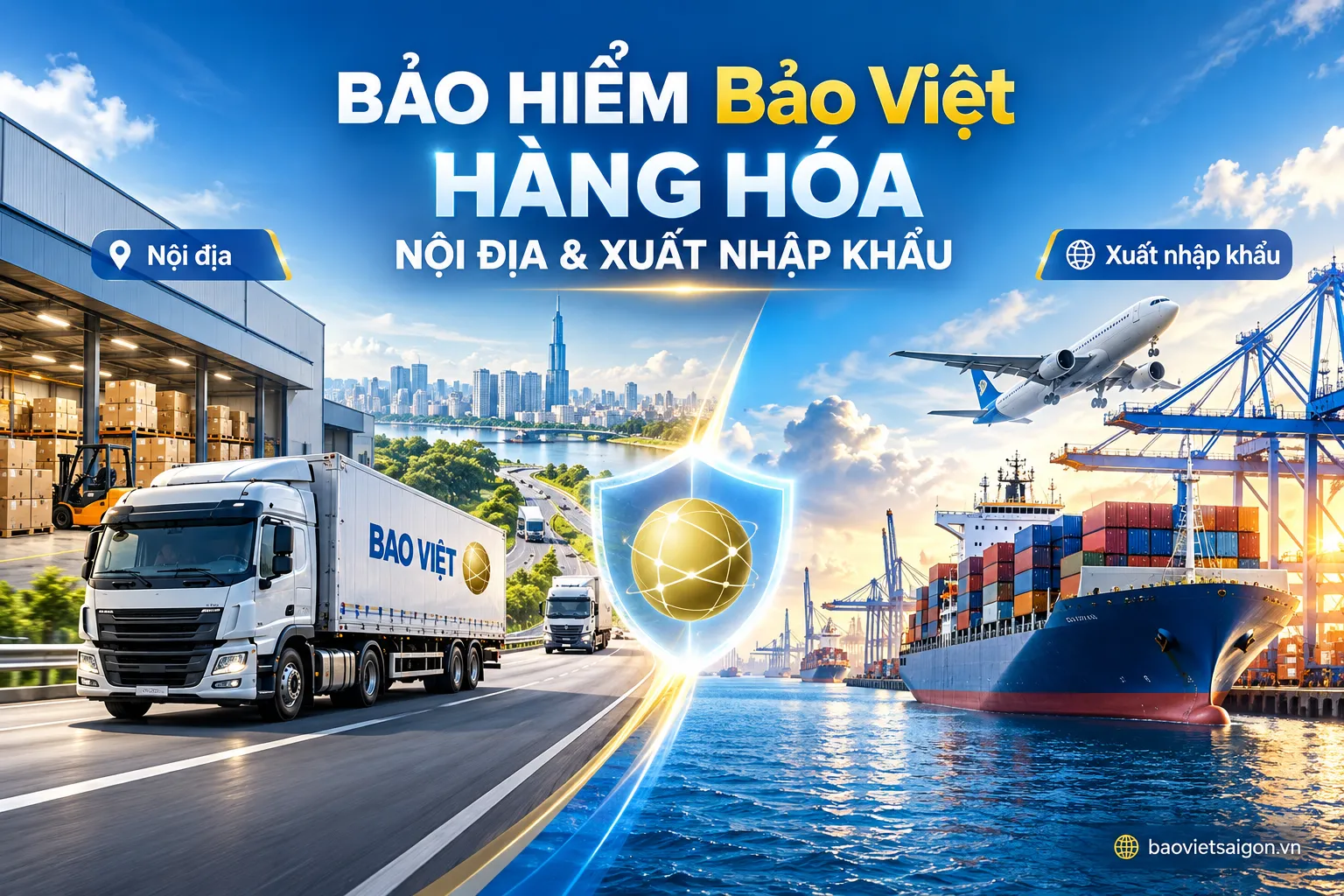 Bảo hiểm hàng hóa Bảo Việt gồm hai nhóm phổ biến: bảo hiểm vận chuyển nội địa và bảo hiểm hàng hóa xuất nhập khẩu.