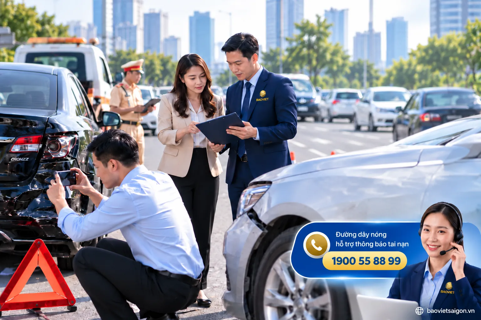 Chủ xe phối hợp xử lý tai nạn và thông báo bảo hiểm TNDS ô tô tại hiện trường