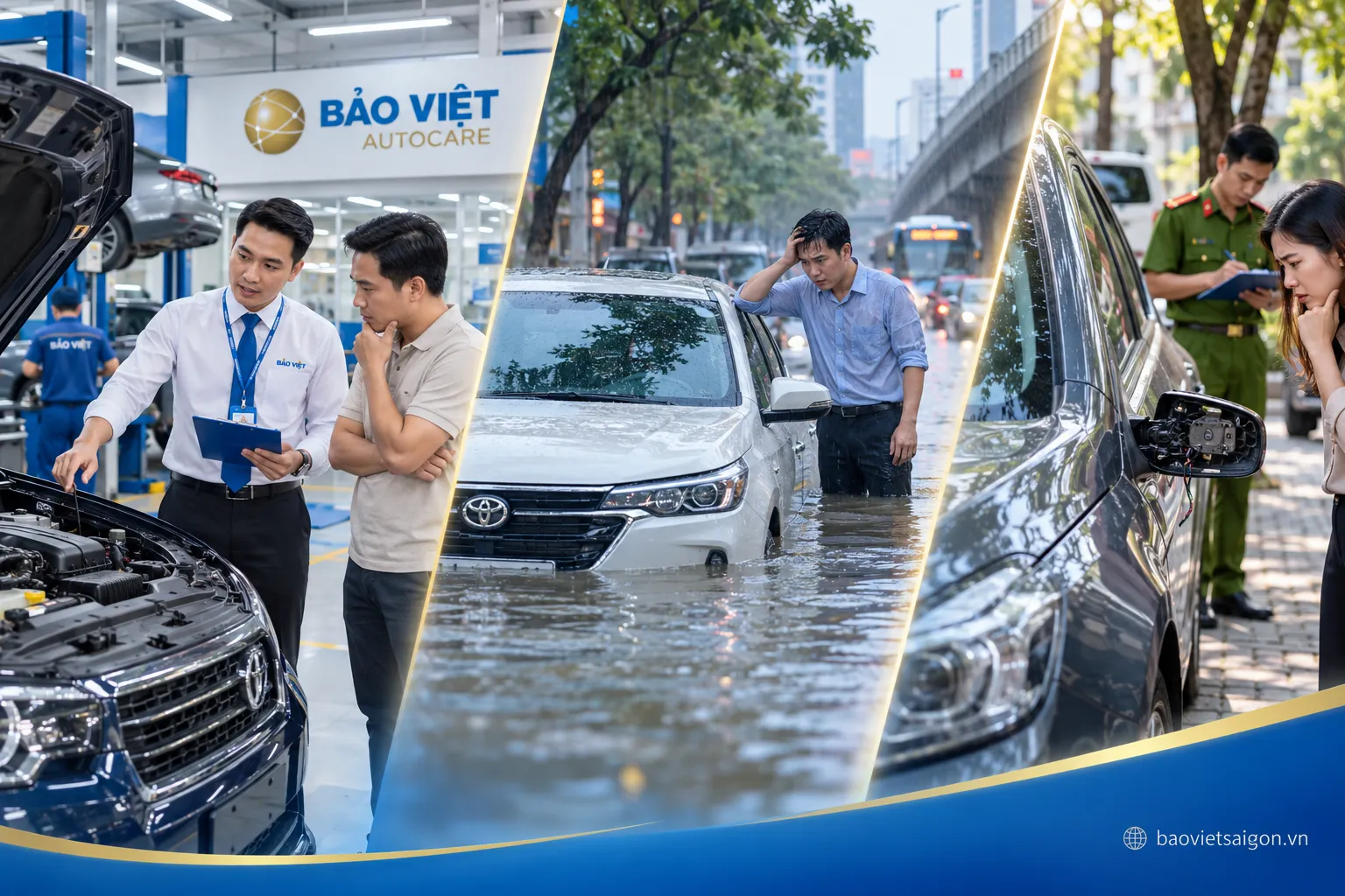 Minh họa các điều khoản bảo hiểm vật chất ô tô Bảo Việt mở rộng gồm sửa chữa tại garage chính hãng, ngập nước hư hỏng động cơ và mất cắp bộ phận xe