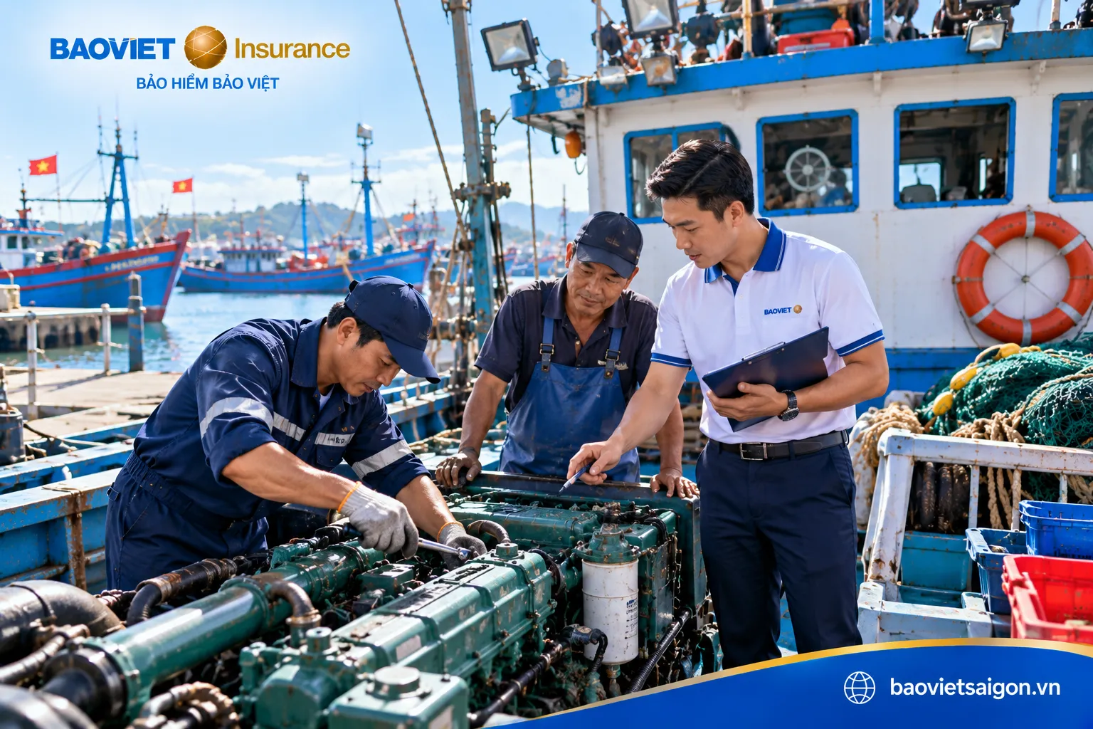 Nhân viên kỹ thuật kiểm tra máy tàu cá và đánh giá tình trạng phương tiện
