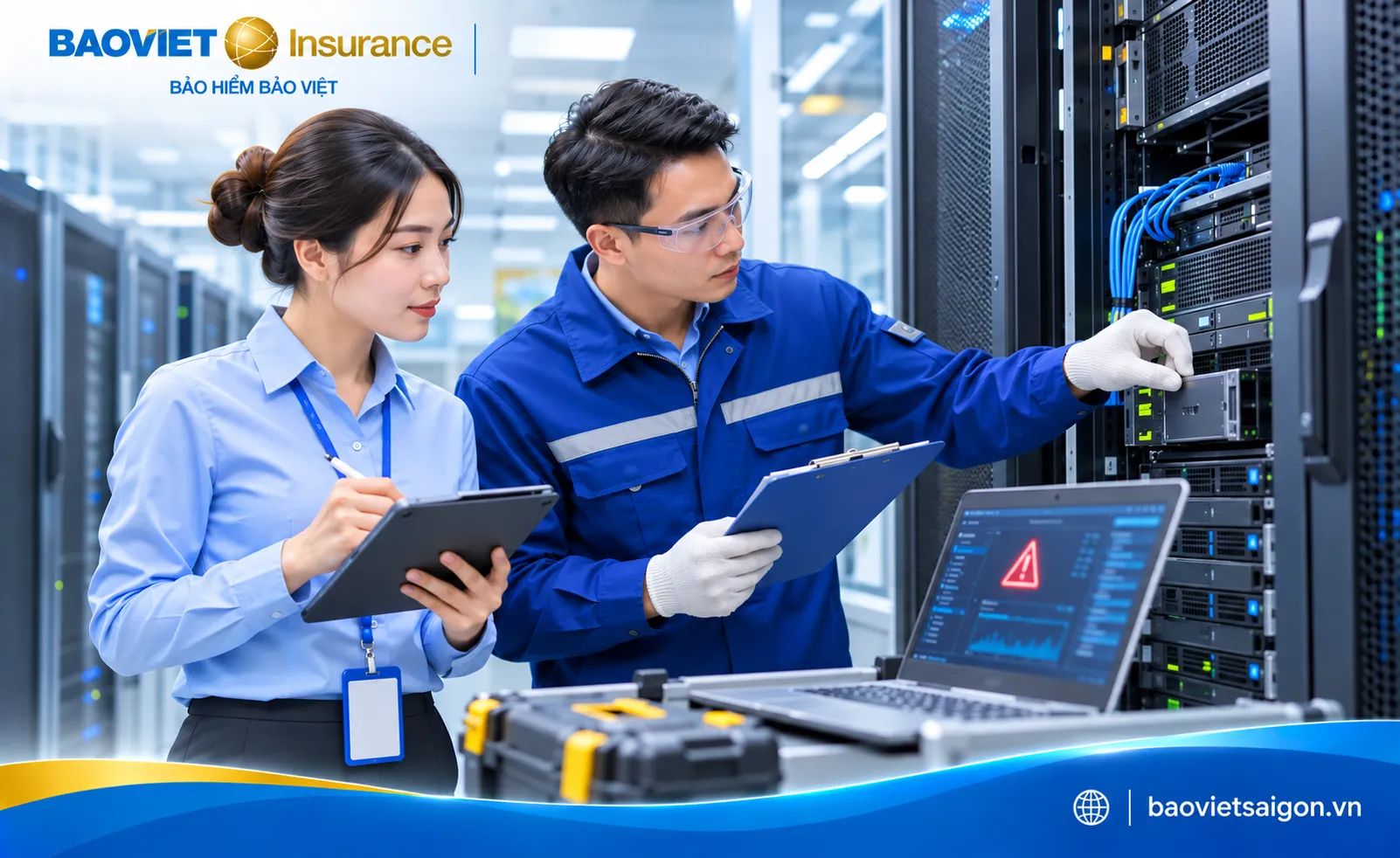 Nhân viên kỹ thuật kiểm tra thiết bị máy chủ hư hỏng và ghi nhận thông tin tổn thất