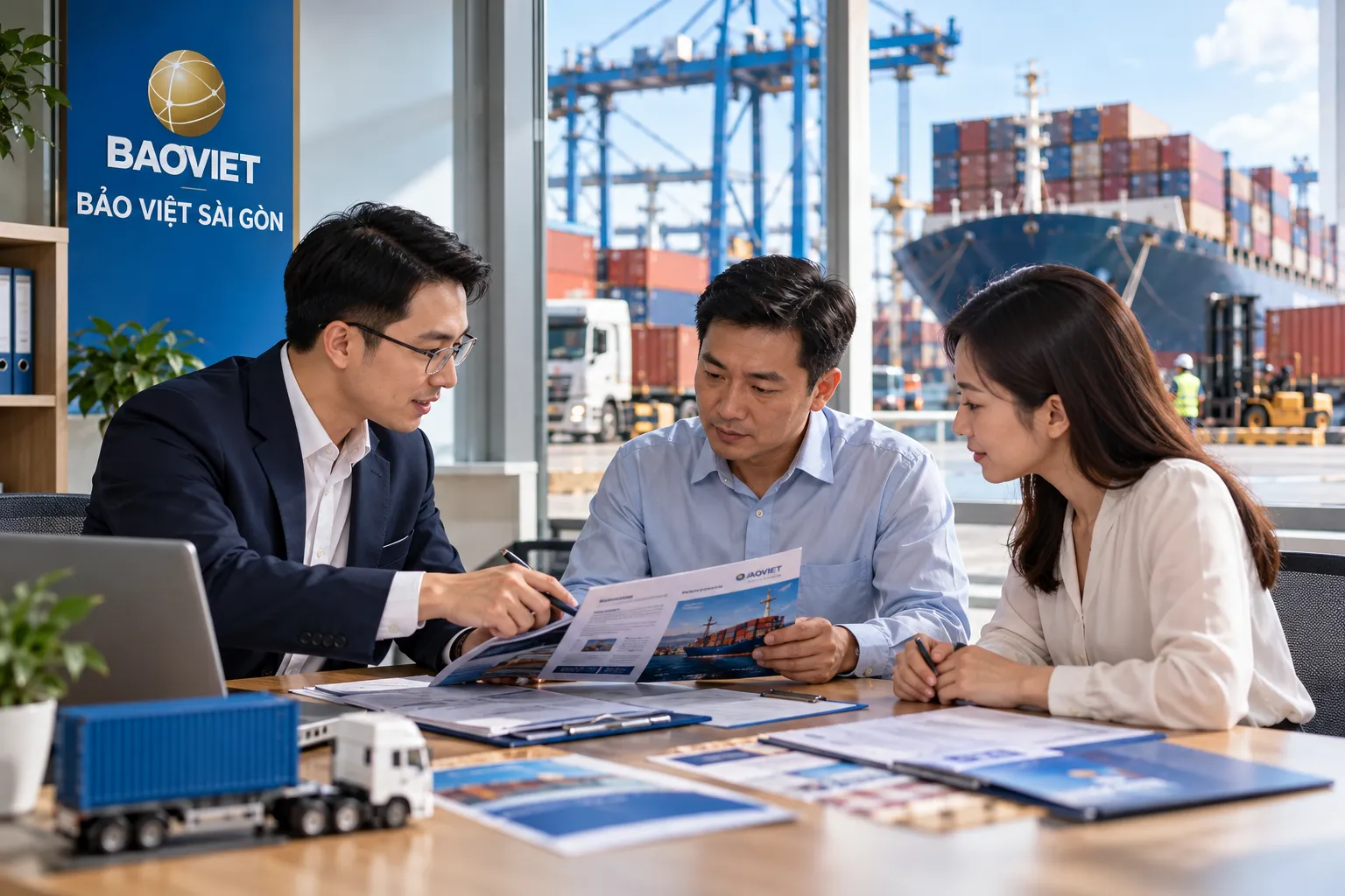 Hoạt động tư vấn bảo hiểm hàng hóa Bảo Việt tại văn phòng được minh họa qua việc trao đổi hồ sơ vận chuyển, lựa chọn phạm vi bảo hiểm, kiểm tra báo phí và hướng dẫn doanh nghiệp hoàn tất thủ tục tham gia.