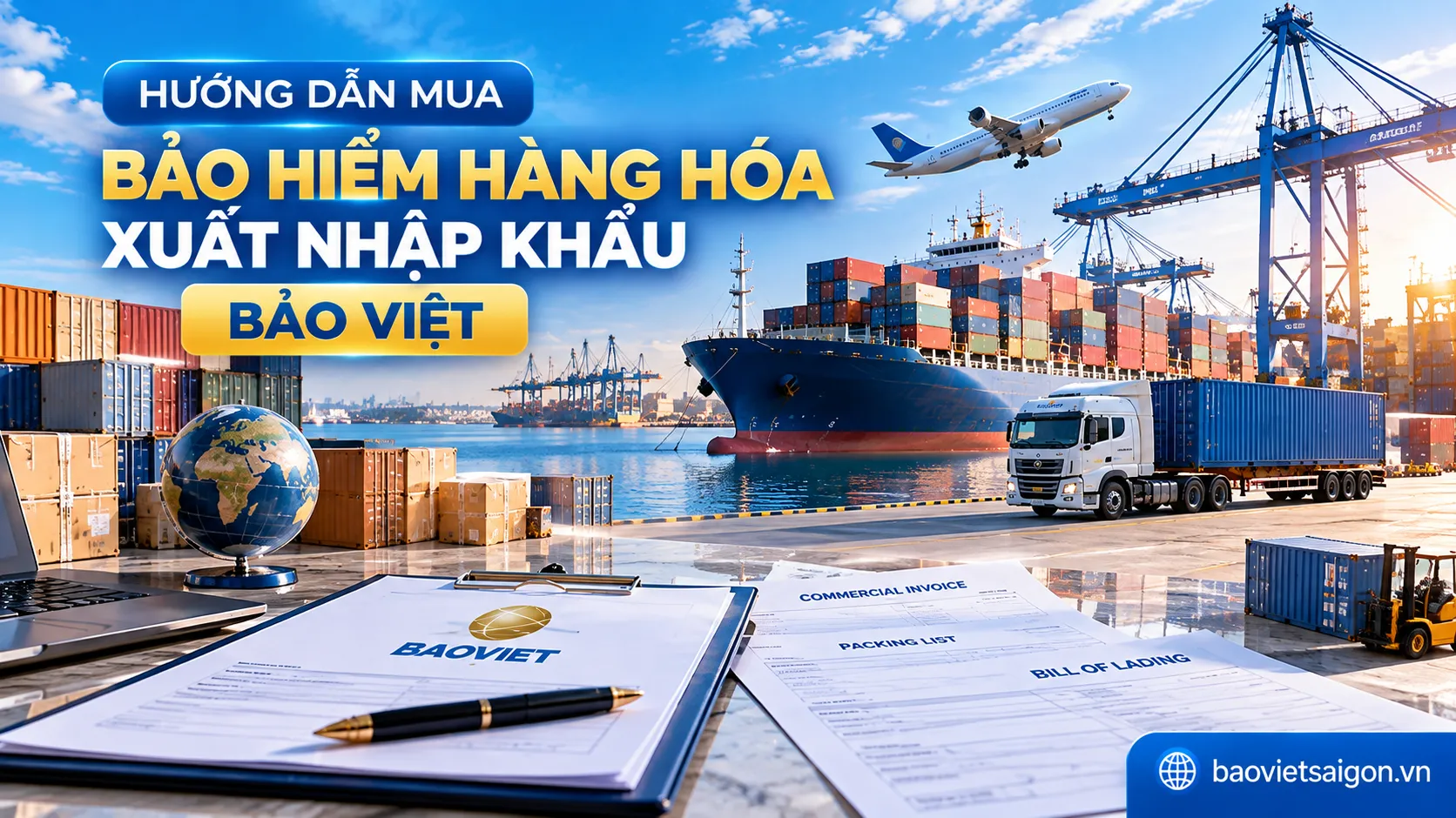 Hướng dẫn mua bảo hiểm hàng hóa xuất nhập khẩu Bảo Việt với hình ảnh tàu container, cảng biển và bộ chứng từ vận chuyển quốc tế