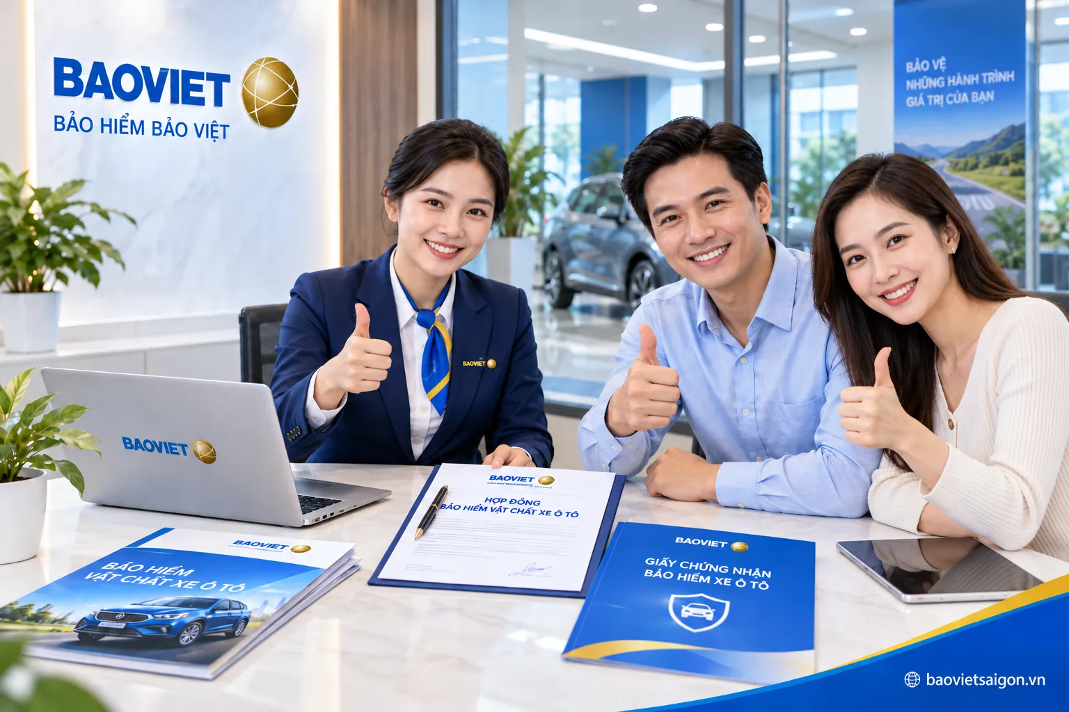 Khách hàng được tư vấn lựa chọn quyền lợi, kiểm tra báo giá, hoàn tất hợp đồng và nhận giấy chứng nhận bảo hiểm vật chất xe ô tô tại Bảo Việt Sài Gòn.