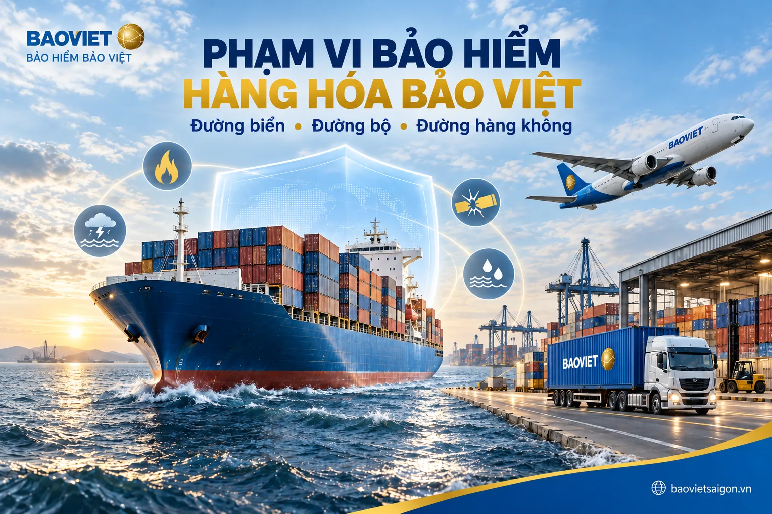 Phạm vi bảo hiểm hàng hóa Bảo Việt qua hình ảnh tàu container, xe tải và máy bay vận chuyển hàng hóa bằng đường biển, đường bộ và đường hàng không
