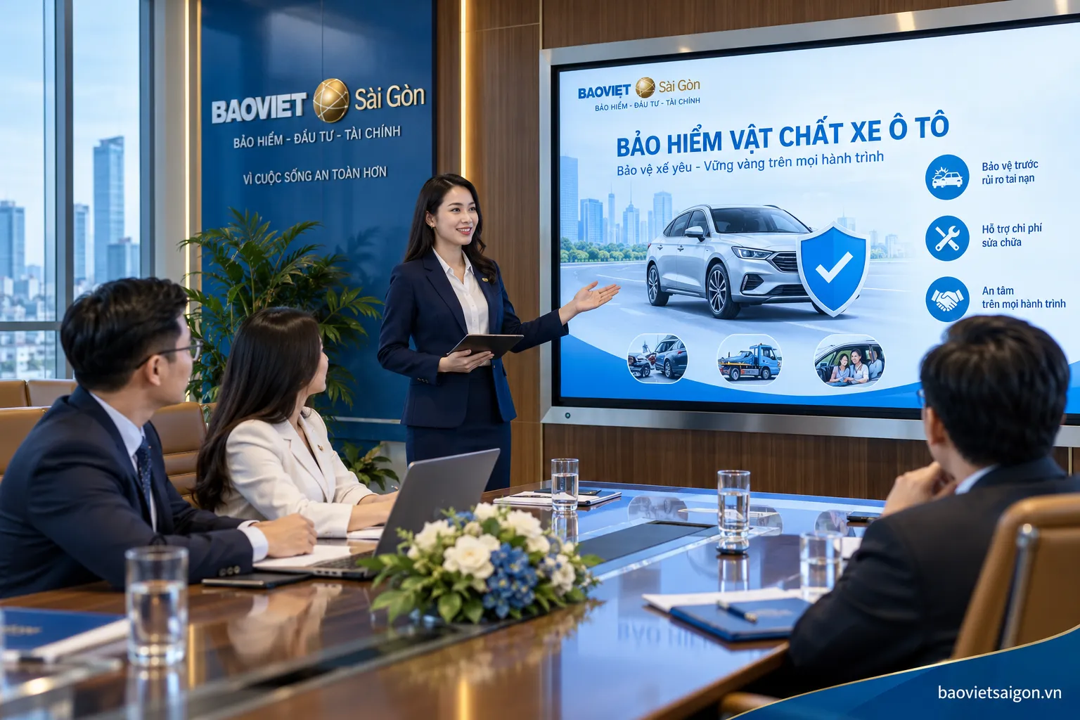 Chuyên viên Bảo Việt thuyết trình về bảo hiểm vật chất xe ô tô và các yếu tố ảnh hưởng đến phí trong phòng họp Bảo Việt Sài Gòn