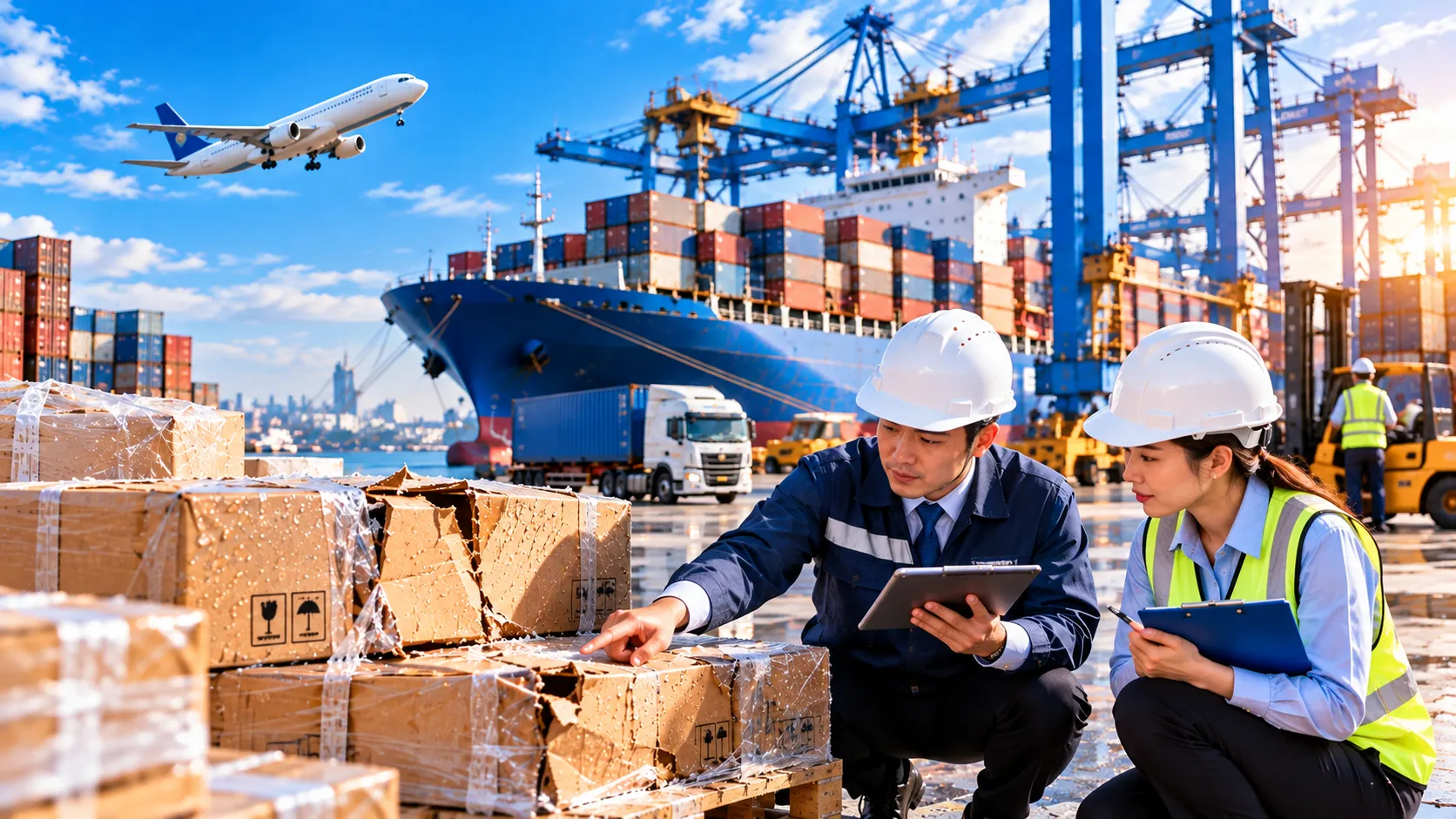 Hoạt động kiểm tra, ghi nhận tổn thất hàng hóa tại cảng container minh họa quy trình yêu cầu bồi thường bảo hiểm hàng hóa xuất nhập khẩu Bảo Việt