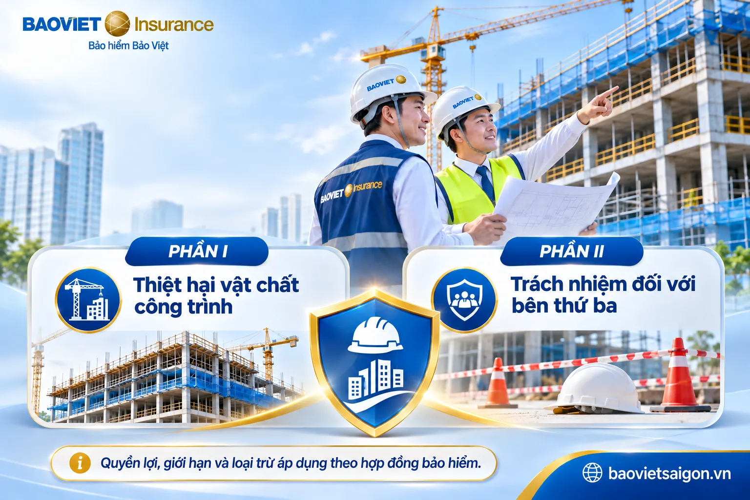 Sơ đồ hai nhóm quyền lợi bảo hiểm CAR Bảo Việt gồm thiệt hại vật chất và trách nhiệm bên thứ ba.