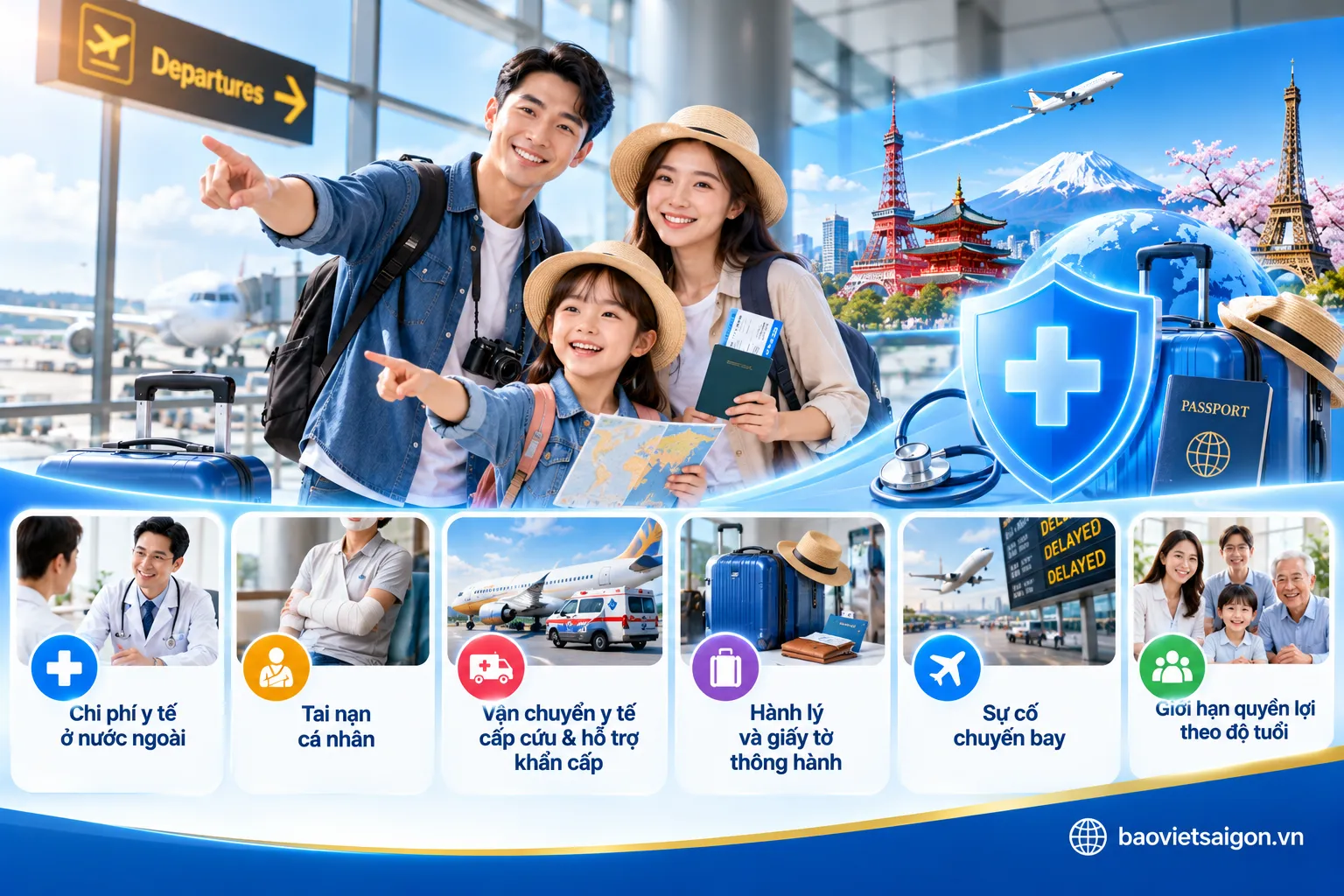 Quyền lợi bảo hiểm du lịch quốc tế Flexi Bảo Việt gồm chi phí y tế, tai nạn, vận chuyển cấp cứu, hành lý và sự cố chuyến bay.