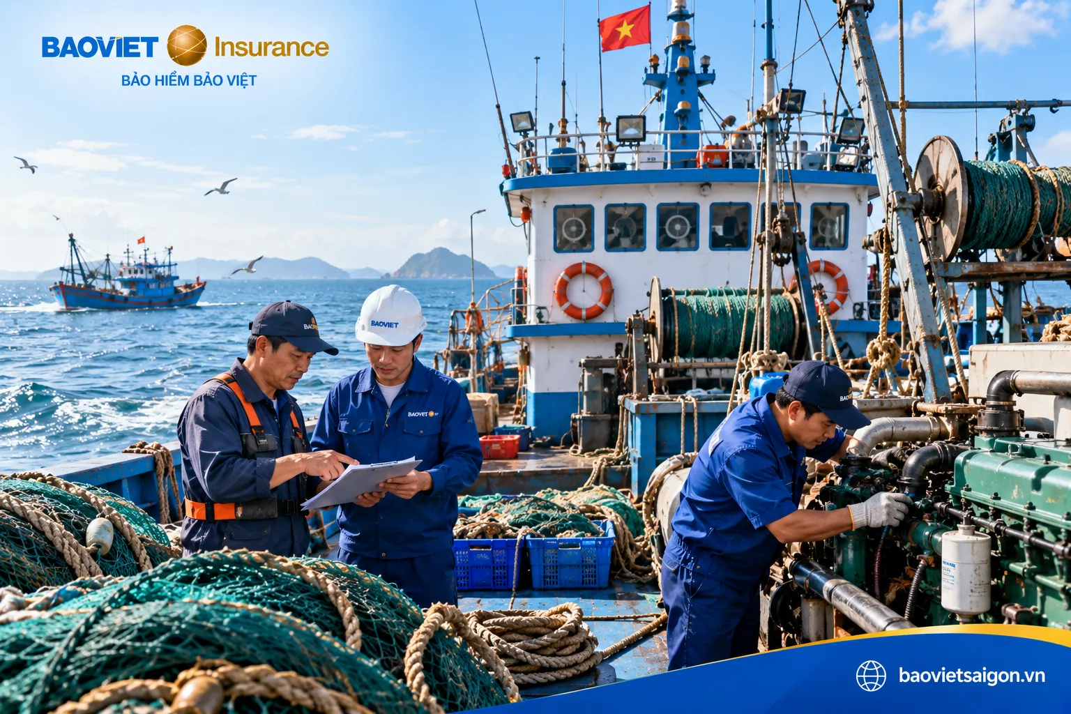Thuyền trưởng kiểm tra thân tàu máy móc và ngư lưới cụ trước chuyến khai thác