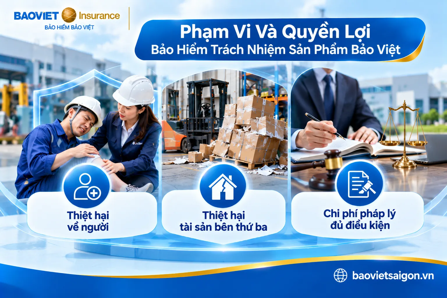 Minh họa ba nhóm quyền lợi bảo hiểm gồm thiệt hại về người tài sản và chi phí pháp lý