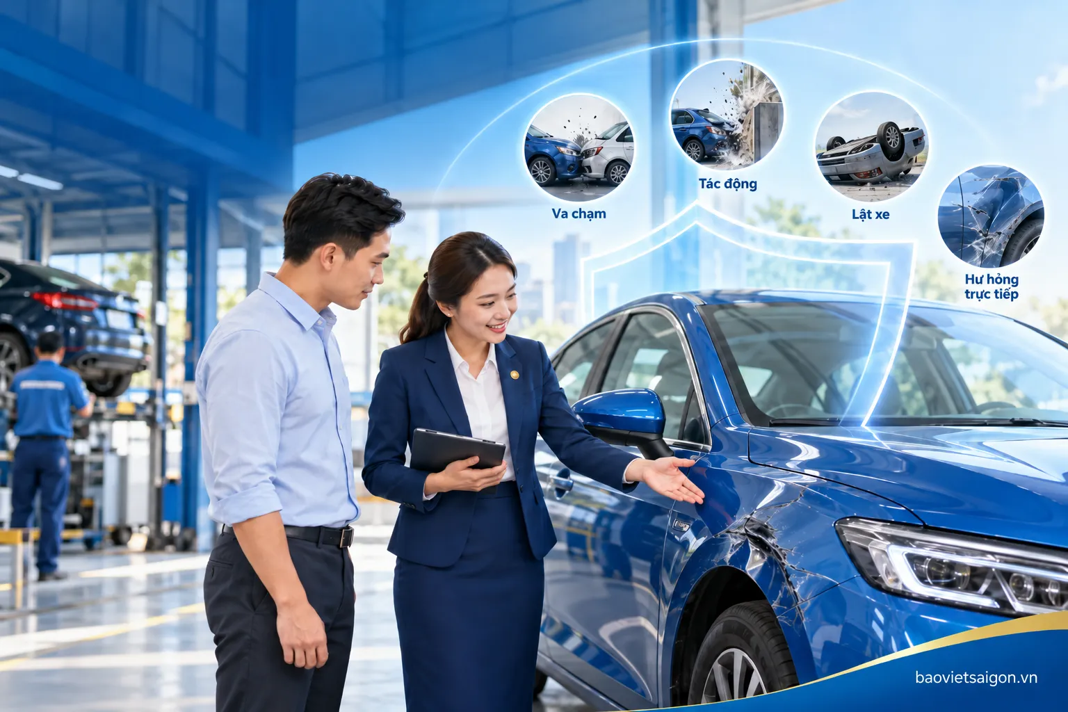 Chuyên viên Bảo Việt tư vấn và kiểm tra thiệt hại vật chất xe ô tô tại garage. Các tổn thất do đâm va, lật đổ hoặc tác động từ bên ngoài được xem xét bồi thường theo phạm vi, điều kiện và điều khoản loại trừ của hợp đồng bảo hiểm.
