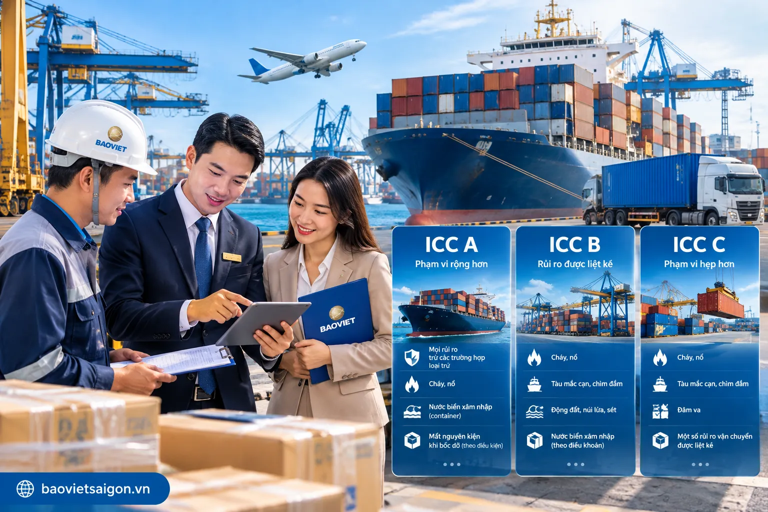 So sánh điều kiện bảo hiểm hàng hóa ICC A, ICC B và ICC C về phạm vi bảo vệ và rủi ro vận chuyển quốc tế tại cảng container