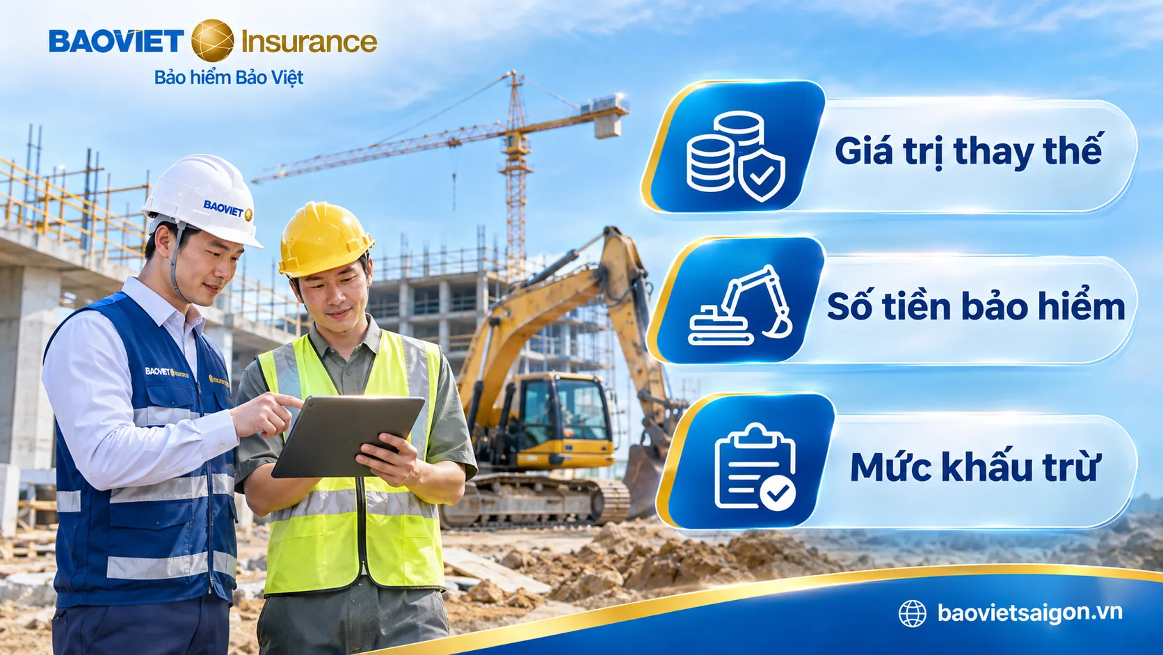 Minh họa số tiền bảo hiểm, giá trị thay thế và mức khấu trừ đối với máy móc xây dựng