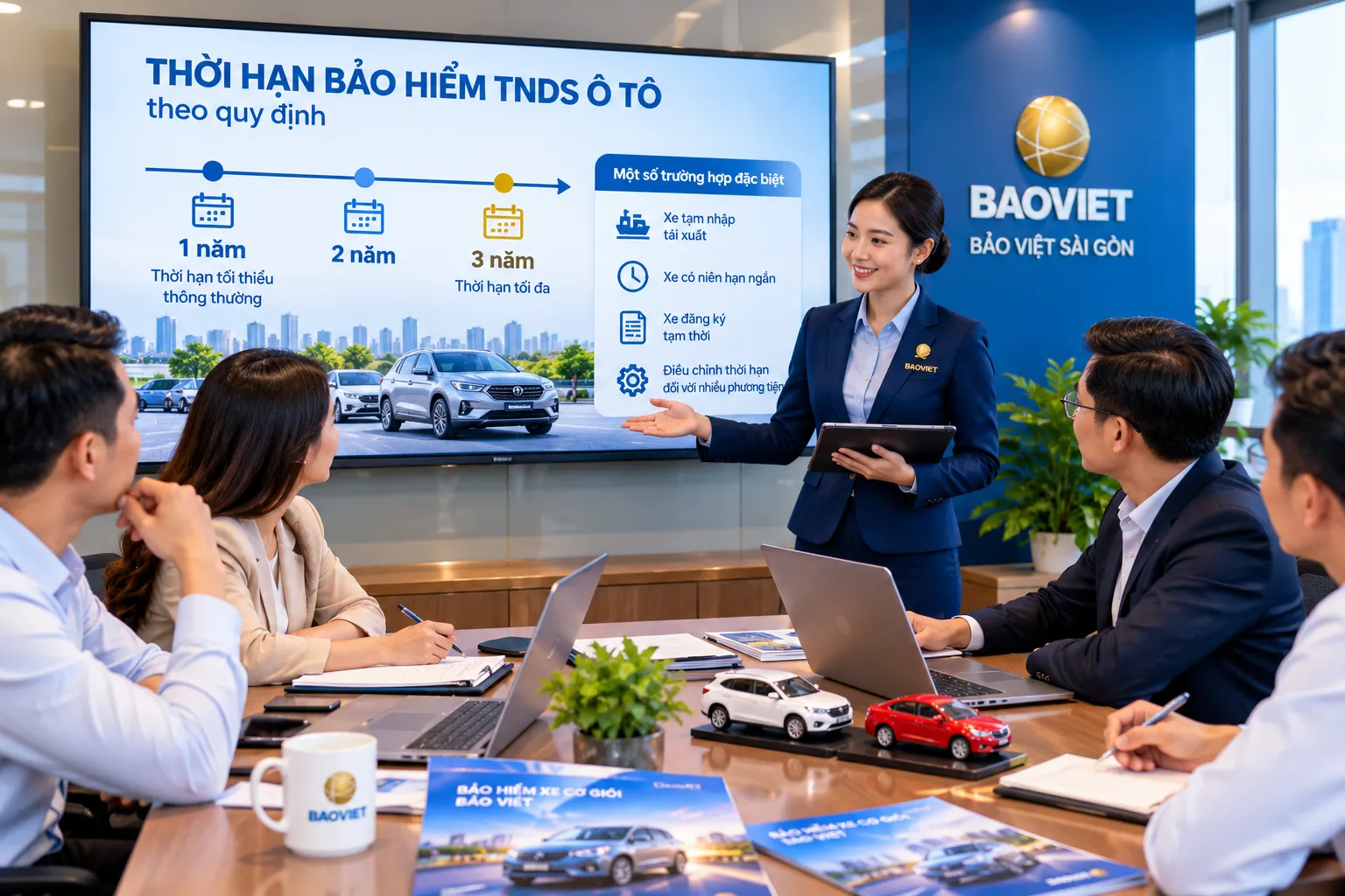 Chuyên viên Bảo Việt thuyết trình về thời hạn bảo hiểm TNDS ô tô từ 1 đến 3 năm trong phòng họp, cùng các trường hợp áp dụng đặc biệt