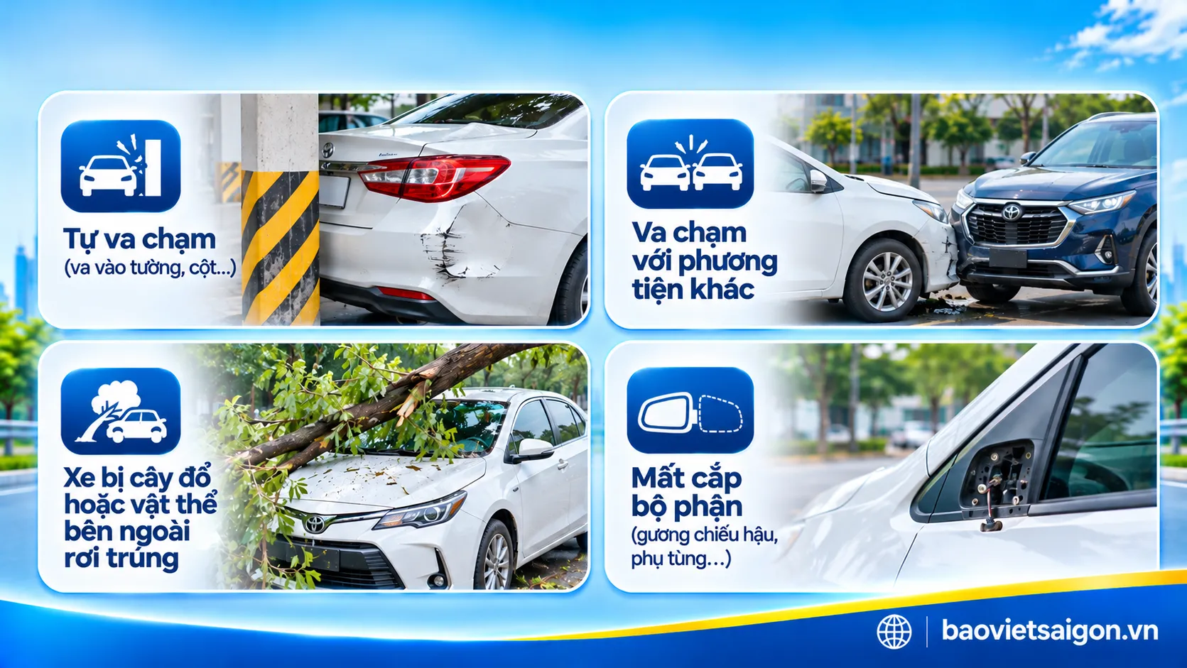 Bốn tình huống tổn thất ô tô gồm va chạm, thiên tai và mất cắp bộ phận